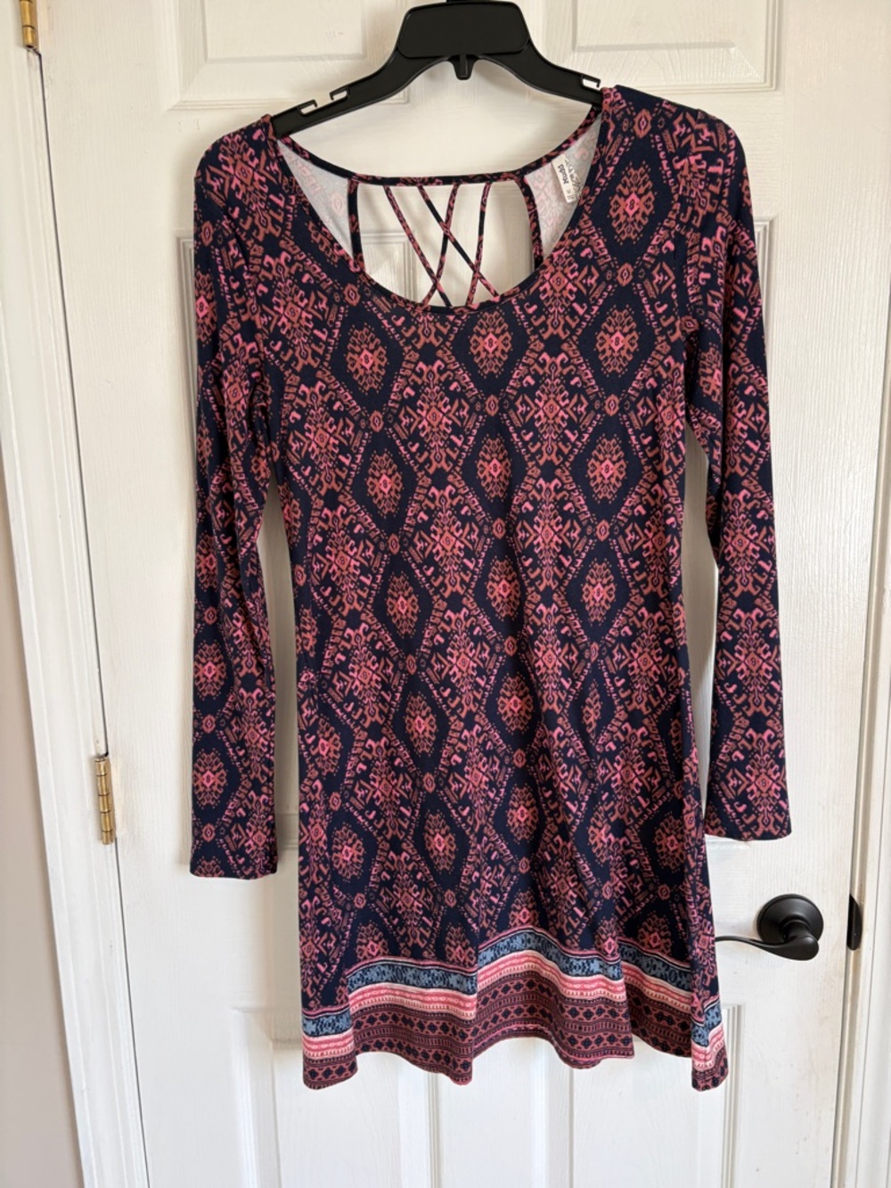 Mudd Navy and Pink Long-Sleeve Patterned Dress with Crisscross Back